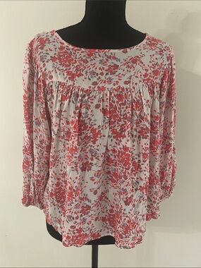 Everly Floral Blouse Small Made in USA Rayon Boho Babydoll Peasant Top